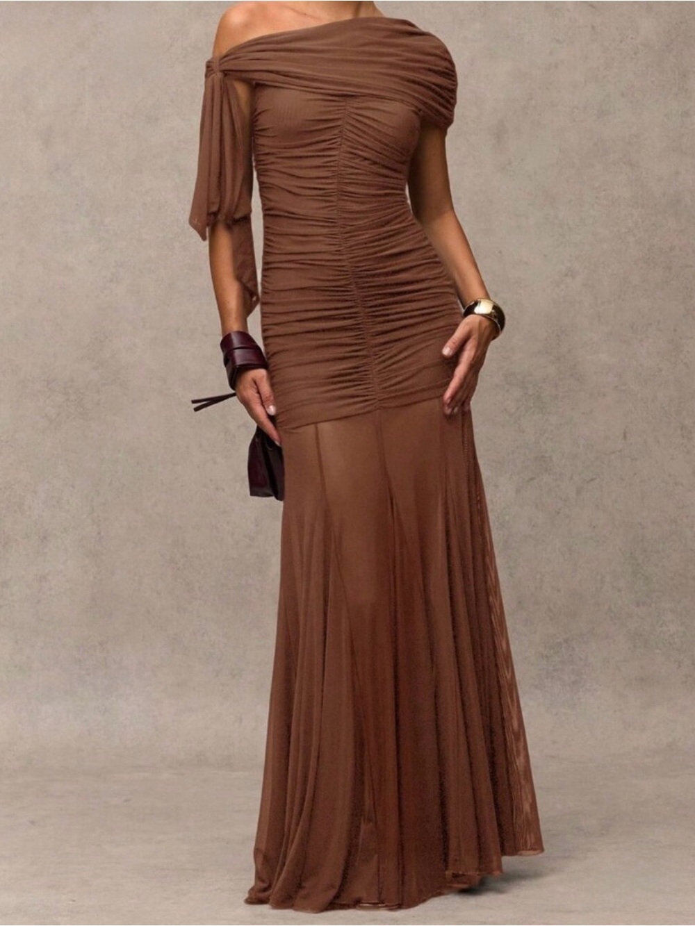 Brown Elegant Women's Ruched Asymmetric Long Dress